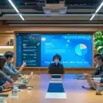 a sleek, modern office space features a large conference table surrounded by high-backed chairs, illuminated by warm pendant lights, conveying an atmosphere of collaboration and innovation.