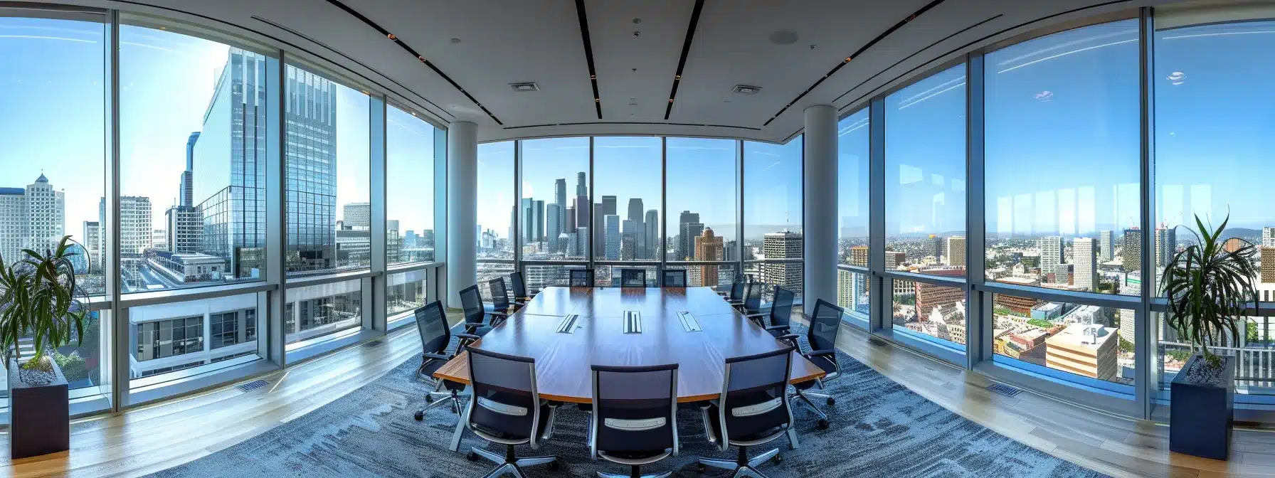 a sleek, modern office conference room with a panoramic city skyline view through large glass windows, showcasing a polished wooden table surrounded by contemporary ergonomic chairs, perfectly lit by soft overhead lighting.