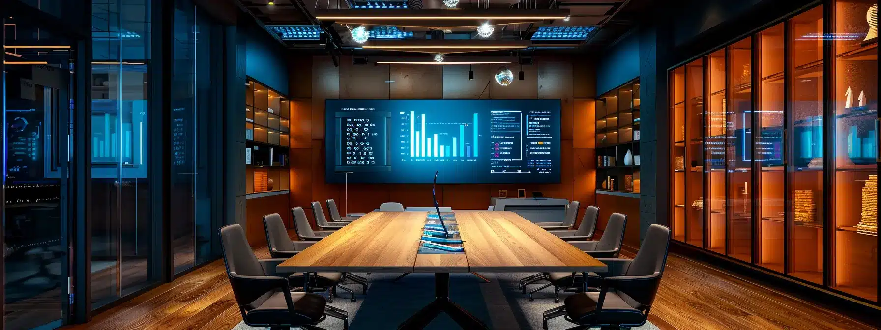 a sleek, modern office conference room is illuminated by soft overhead lighting, featuring an elegant wooden table surrounded by high-backed chairs, with a large screen displaying vibrant graphs, embodying a focused atmosphere of collaboration and innovation.
