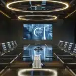 a sleek conference room illuminated by warm, modern lighting features a large glass table surrounded by ergonomic chairs, showcasing a high-tech presentation screen displaying dynamic graphs and charts that emphasize innovation and collaboration in a business environment.