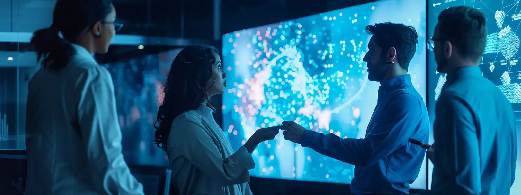 a sleek, modern office environment showcases a dynamic team engaged in an animated brainstorming session around a high-tech, interactive whiteboard, illuminated by vibrant led lighting that emphasizes their creativity and collaboration.