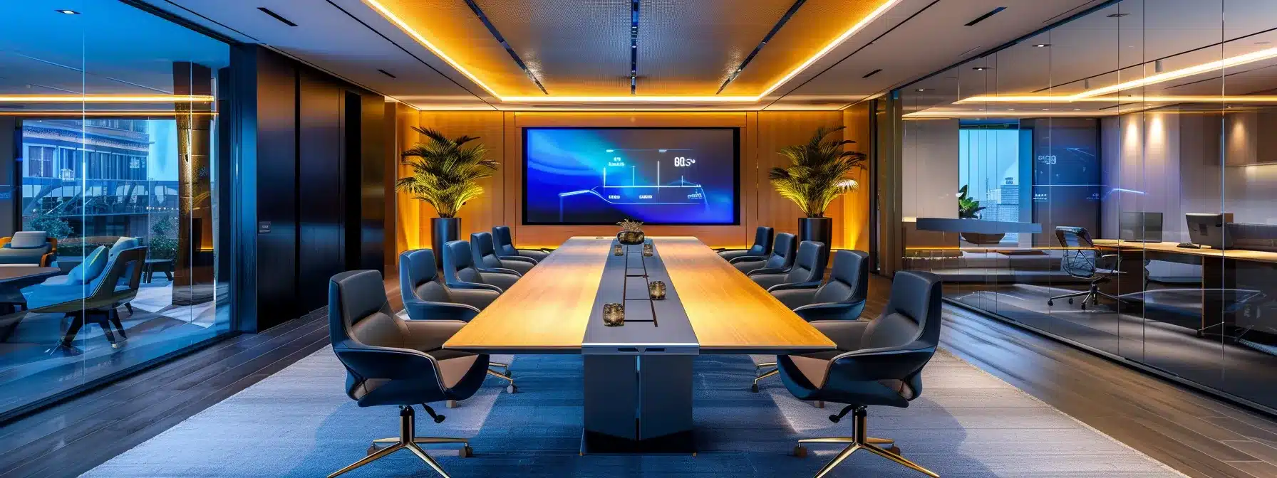 a sleek, modern office environment features a state-of-the-art conference table surrounded by high-backed chairs, illuminated by dramatic overhead lighting that highlights the vibrant colors of a large digital presentation screen showcasing innovative business strategies.