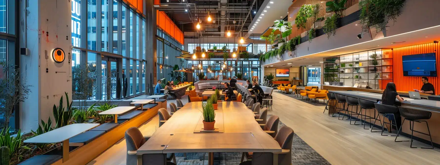 a sleek, modern office featuring a large conference table surrounded by a diverse group of focused professionals engaged in a dynamic brainstorming session under warm, ambient lighting.