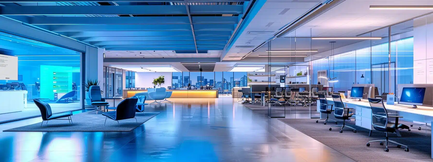 a sleek, modern office filled with vibrant digital screens displaying analytical data, bathed in dynamic blue and white lighting, embodies the pulse of technology-driven business innovation.