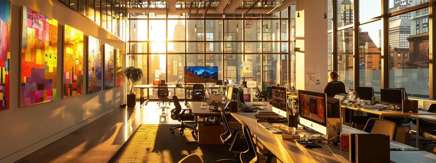 a sleek, modern office filled with vibrant artwork and innovative tech gadgets contrasts sharply against the warm glow of late afternoon light streaming through large windows, emphasizing a dynamic workspace for creative collaboration.