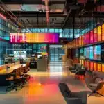 a sleek, modern office space features a central conference table surrounded by high-backed chairs, with a large digital screen displaying vibrant charts and analytics in a dynamic urban setting, symbolizing innovation and collaboration.