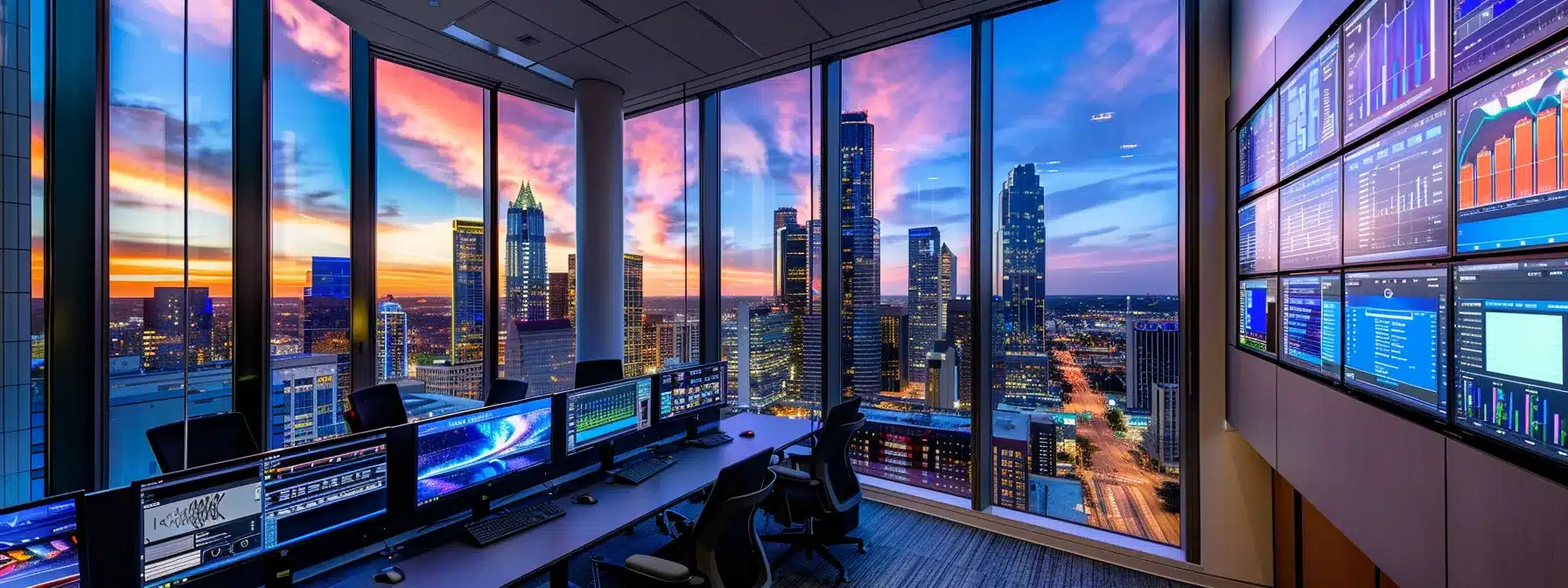 a sleek, modern office filled with vibrant digital screens showcasing real-time data analytics, where city skyline views are framed by expansive glass windows.