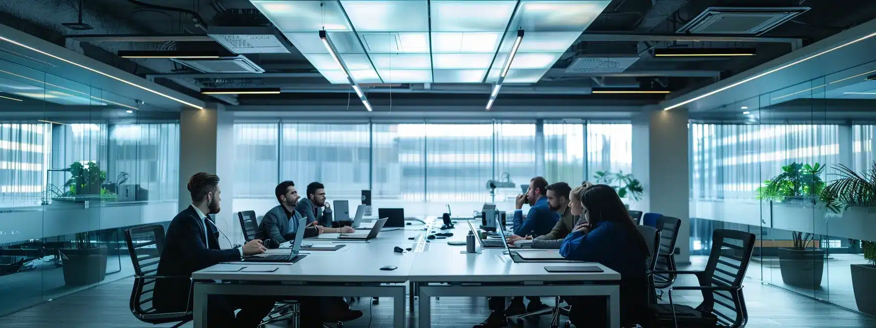 a sleek modern office filled with professionals engaged in a dynamic brainstorming session, illuminated by bright, overhead leds and showcasing a vibrant, collaborative atmosphere.