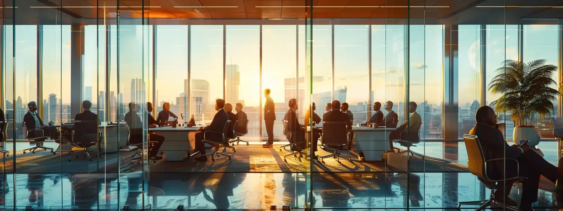 a sleek, modern office filled with towering glass partitions and minimalist furnishings showcases a diverse group of professionals engaged in a dynamic brainstorming session, illuminated by warm, ambient lighting.
