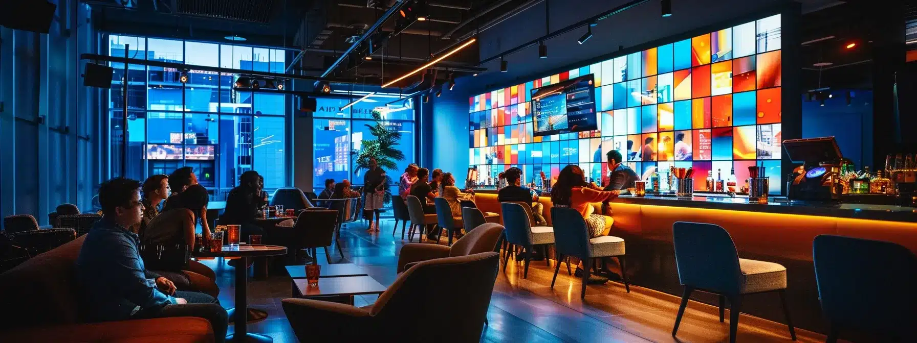 a sleek, modern office filled with vibrant technology displays and collaborative workspaces showcases a dynamic team engaged in an innovative brainstorming session, illuminated by bright, artificial lighting.