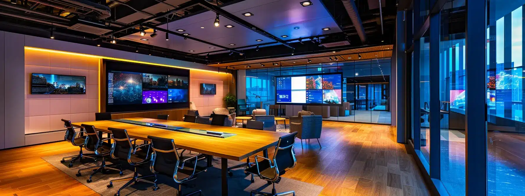 a sleek, modern office filled with vibrant technology displays and collaborative workspaces, bathed in bright artificial lighting that highlights the dynamic energy of a brainstorming session among engaged professionals.