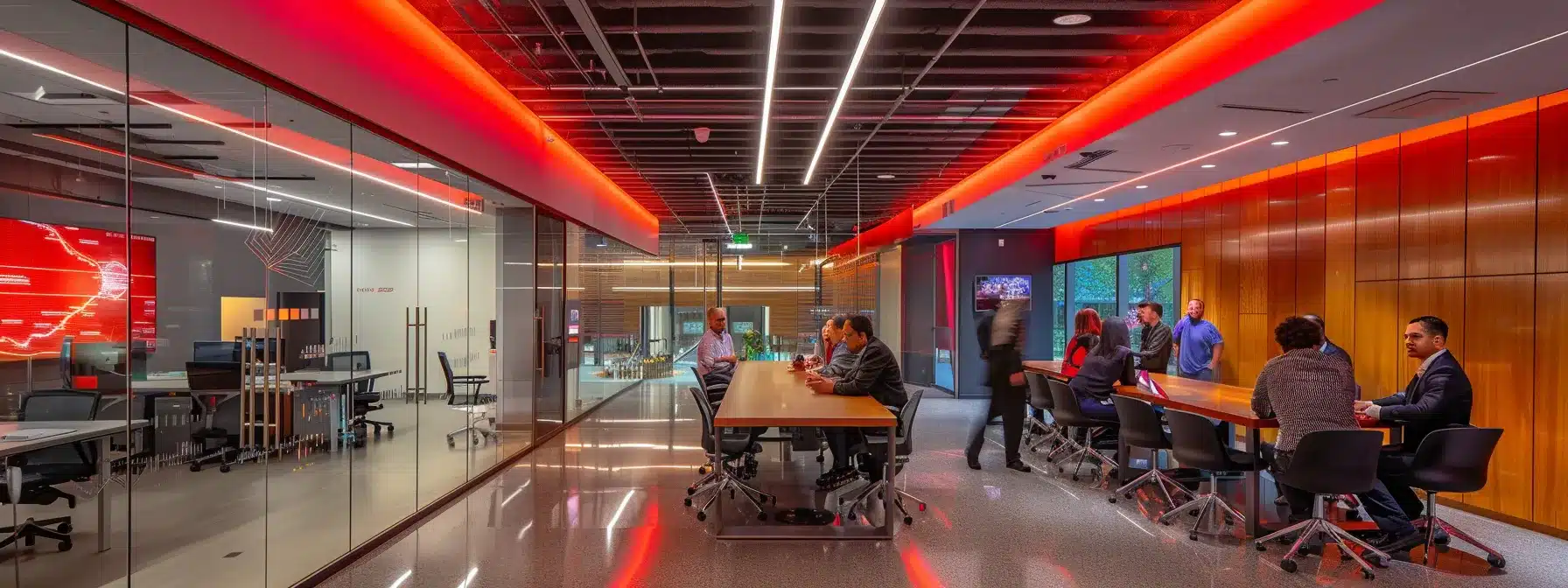 a sleek, modern office setting showcases a diverse group of professionals engaged in dynamic discussions around a glossy conference table, illuminated by sharp overhead lighting that enhances the vibrant colors of their attire and the sleek technology surrounding them.