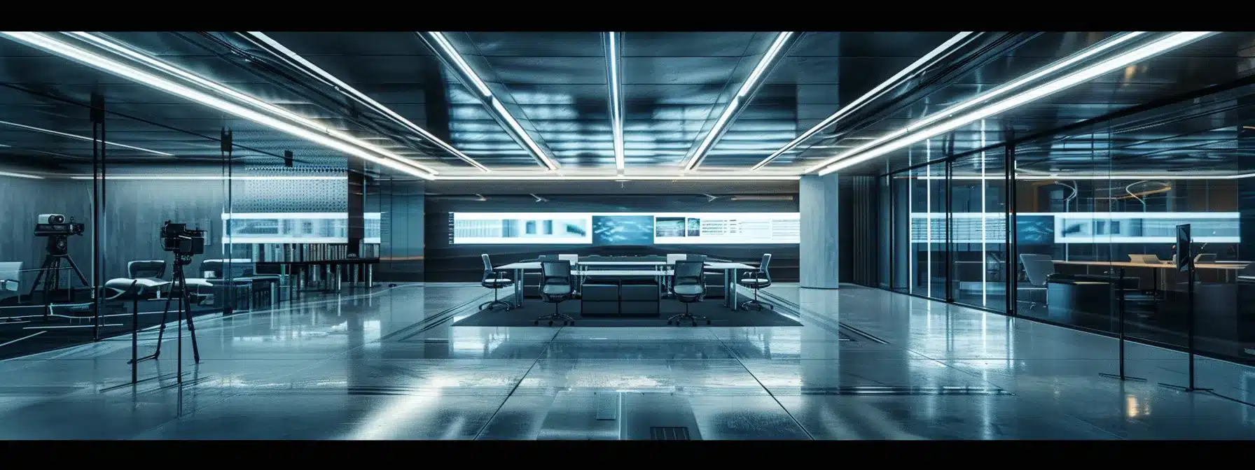 a sleek, modern office setting showcases a high-tech conference room with a large interactive display, illuminated by bright overhead lights that reflect off the polished glass surfaces, creating an atmosphere of innovation and productivity.