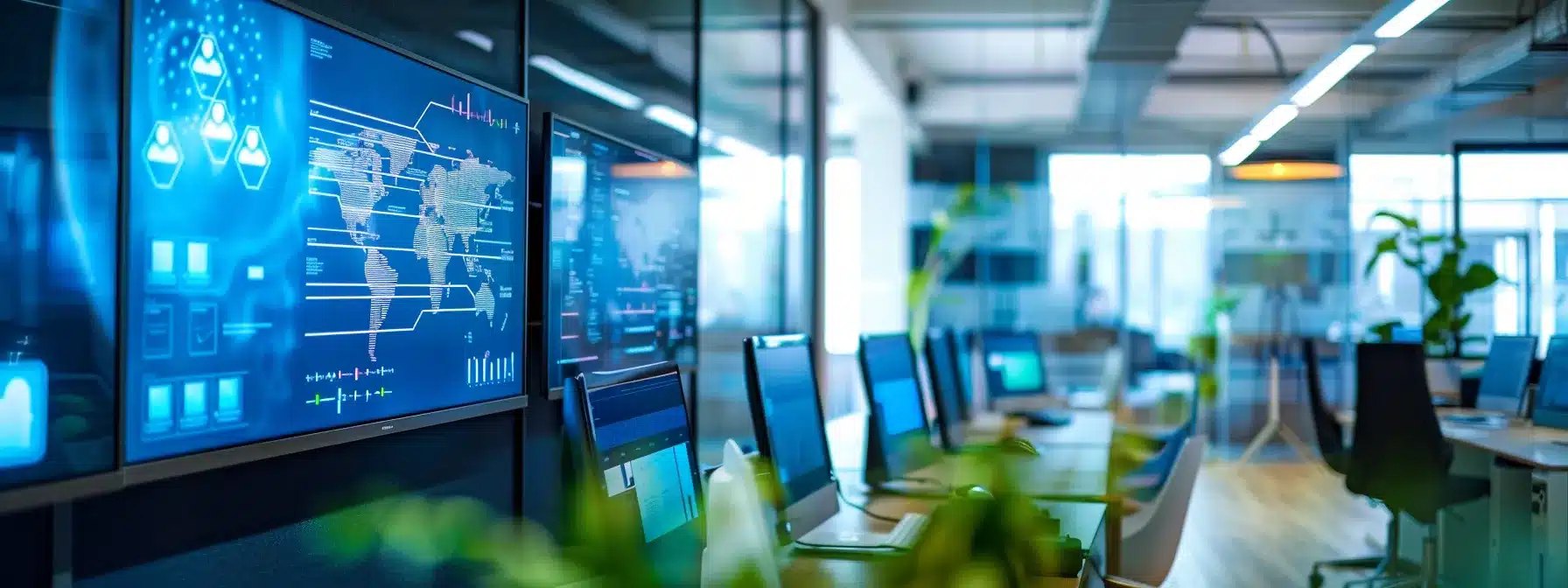 a sleek, modern office space filled with high-tech gadgets and vibrant digital screens displays a dynamic brainstorming session, highlighting collaboration and innovation in a professional environment.