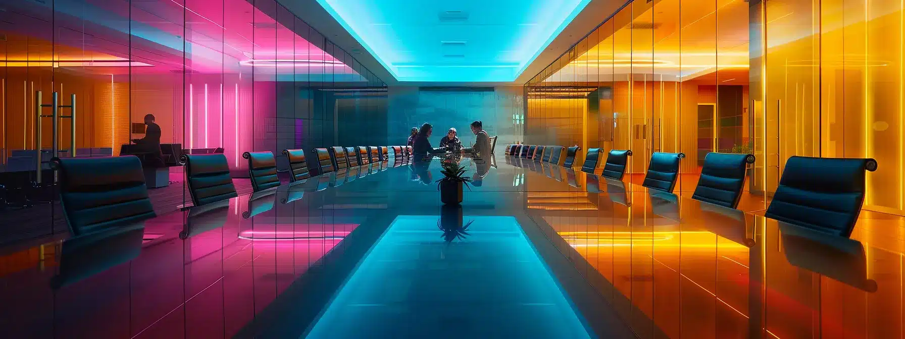a sleek, modern office space showcases a diverse team collaborating around a polished conference table, illuminated by vibrant overhead lights that reflect ambition and innovation in their focused expressions.