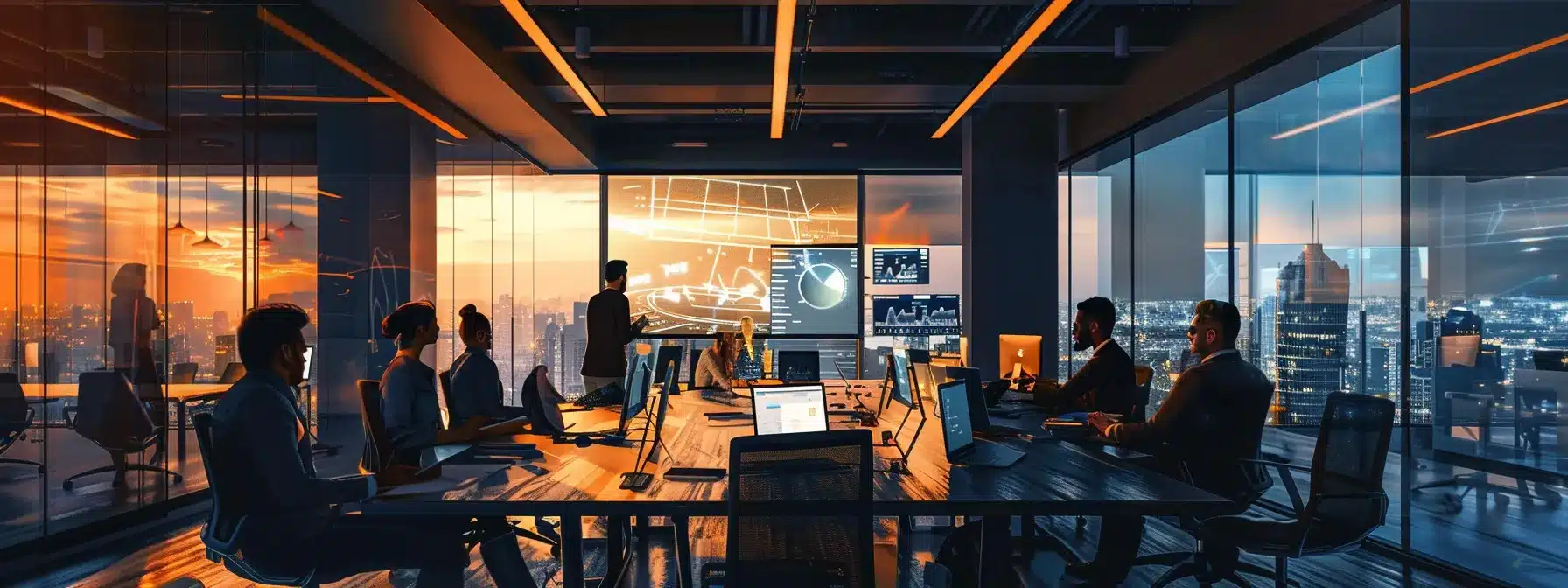 a sleek, modern office space showcases a collaborative team gathered around a digital whiteboard, illuminated by vibrant overhead lighting that enhances their focused expressions amidst a backdrop of high-tech gadgets and large windows revealing a bustling cityscape beyond.
