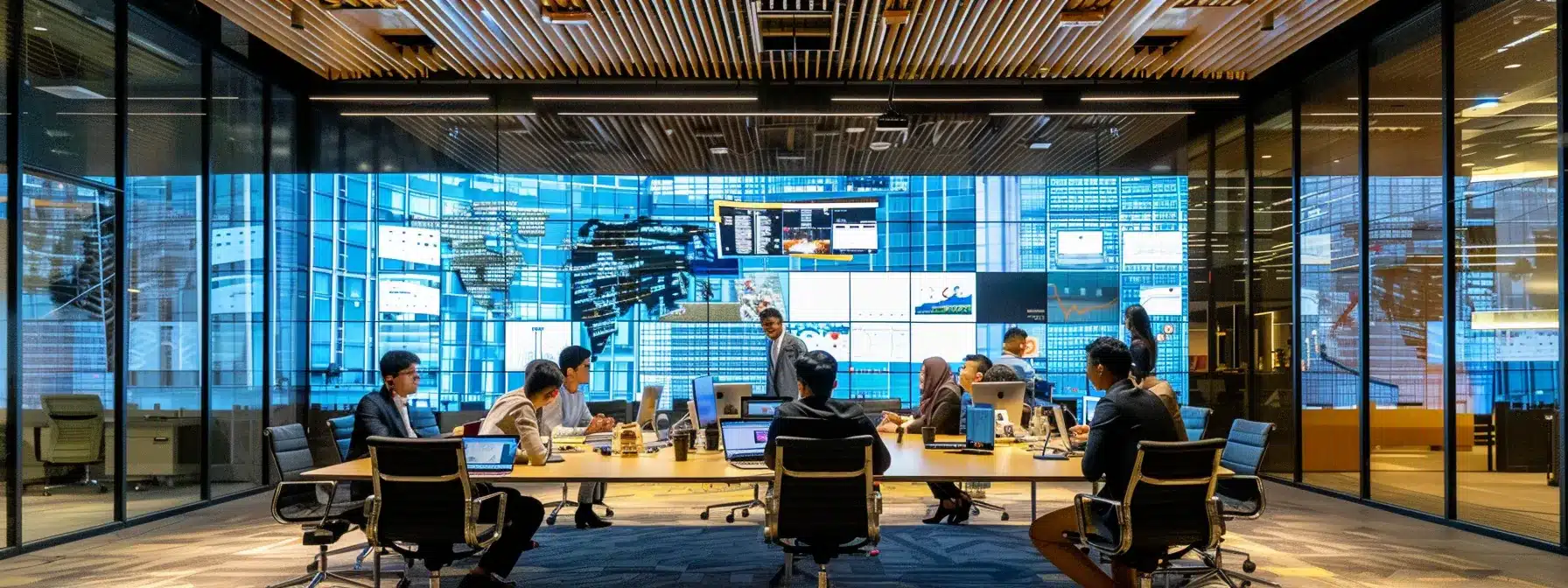 a sleek, modern office space is illuminated by vibrant overhead lights, showcasing a diverse team of professionals engaged in a dynamic brainstorming session, surrounded by digital screens displaying innovative ideas and strategies.