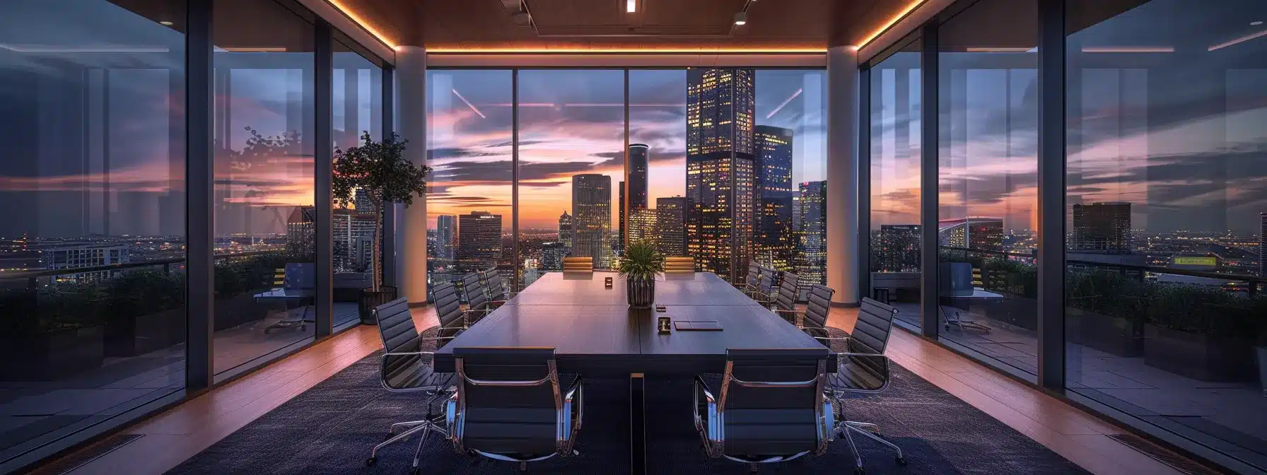 a sleek, modern office space features a large conference table surrounded by high-backed chairs, with a city skyline visible through floor-to-ceiling windows, bathed in soft, warm lighting that emphasizes a collaborative atmosphere.