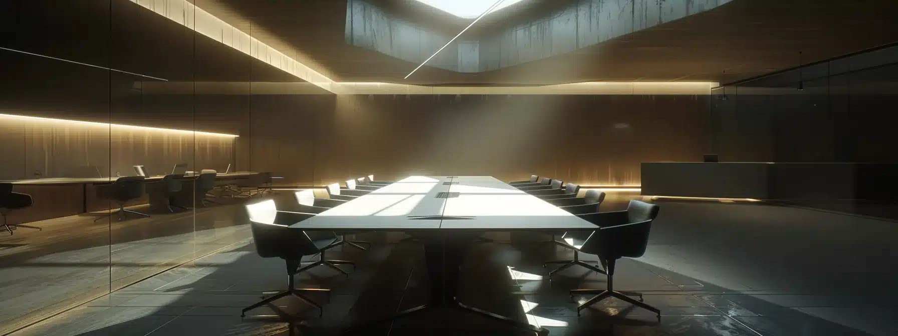 a sleek, modern office space features a large, minimalist conference table surrounded by stylish ergonomic chairs, illuminated by dynamic overhead lighting that casts sharp shadows, emphasizing the contemporary design and fostering an atmosphere of collaboration and innovation.