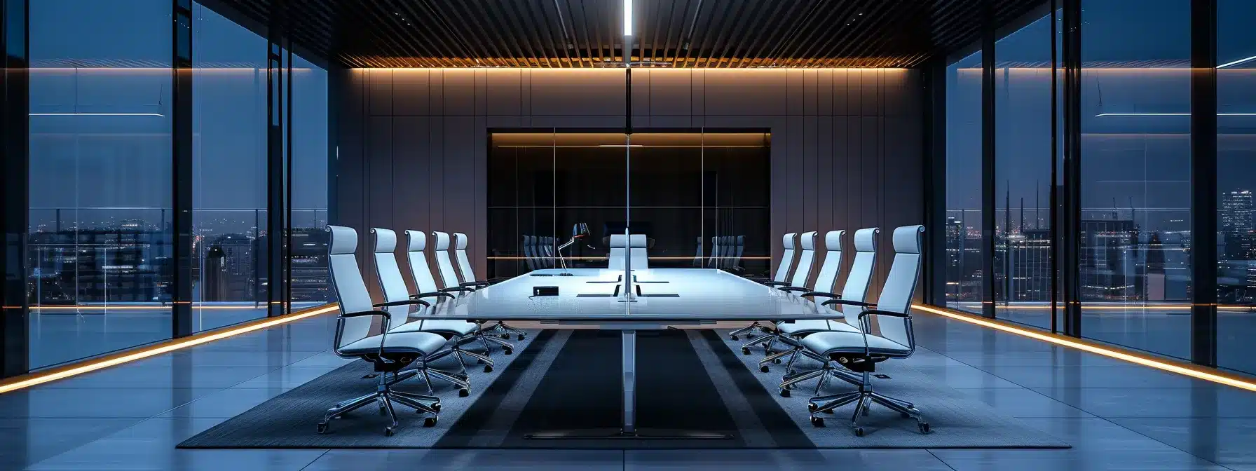 a sleek, modern office space features a beautifully designed conference table surrounded by ergonomic chairs, illuminated by ambient lighting that creates a professional and inviting atmosphere perfect for collaborative innovation.