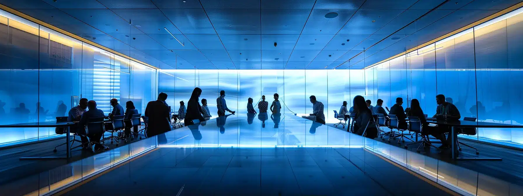 a sleek modern office space illuminated by dramatic overhead lighting, showcasing a diverse group of professionals engaged in a dynamic brainstorming session around a glass conference table.
