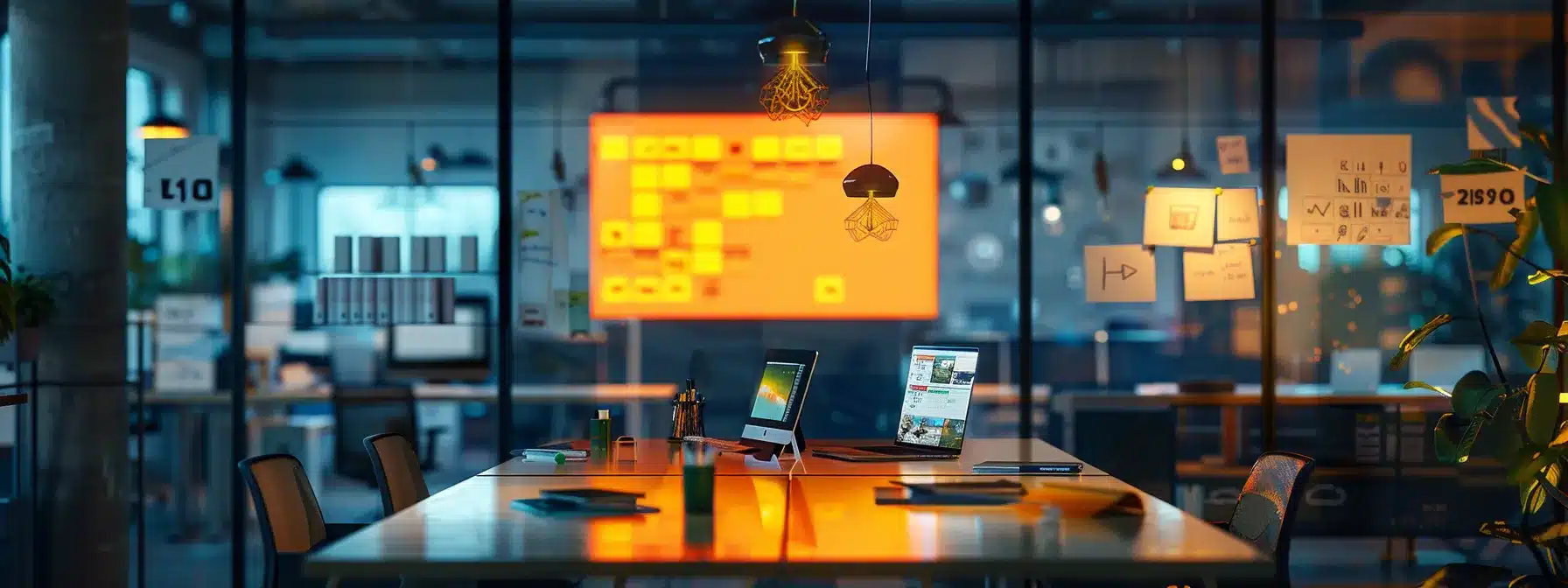 a sleek, modern office space is illuminated by warm overhead lights, showcasing a vibrant brainstorming session around a glossy conference table adorned with digital devices and colorful sticky notes.