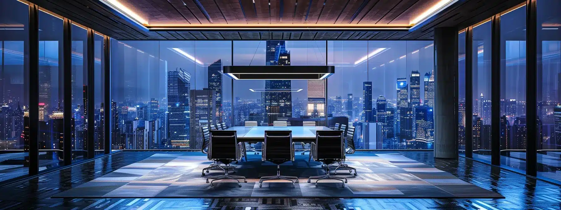 a sleek, modern office space features an elegantly designed conference table at the center, surrounded by high-backed leather chairs, illuminated by overhead led lights reflecting off a glass wall showcasing a vibrant city skyline.