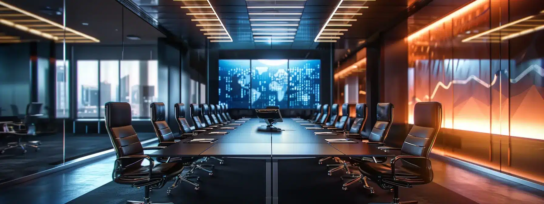 a sleek, modern office space features a high-tech conference table illuminated by warm led lighting, surrounded by stylish ergonomic chairs and a large screen displaying vibrant data visuals, embodying a dynamic environment for collaboration and innovation.
