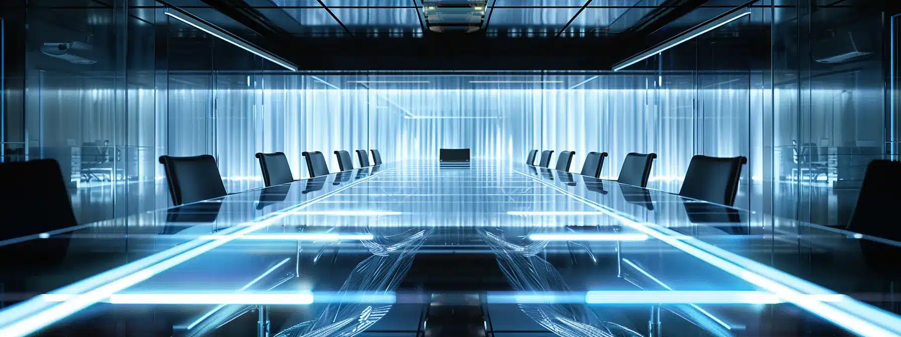 a sleek, modern office space features a polished glass conference table surrounded by stylish ergonomic chairs, illuminated by soft, ambient lighting reflecting off the clean surfaces, evoking an atmosphere of professionalism and innovation.