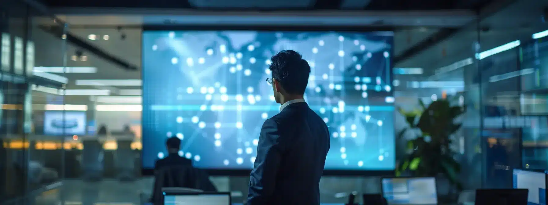 a sleek, modern office space showcases a focused professional engrossed in a digital presentation on a large screen, with vibrant technology elements reflecting a cutting-edge corporate atmosphere.