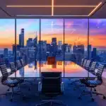 a sleek, modern office space features a large conference table with a stunning city skyline visible through floor-to-ceiling windows, illuminated by vibrant ambient lighting that creates an inspiring atmosphere for collaboration and innovation.