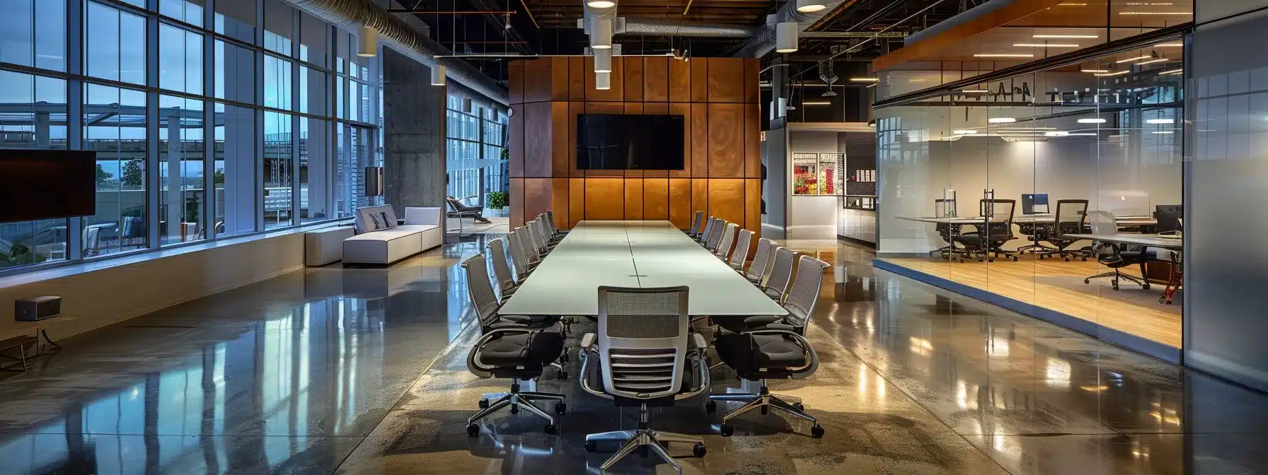 a sleek, modern office space features a dynamic team collaborating around a large glass table, illuminated by bright overhead lights, highlighting their engagement and innovative ideas.