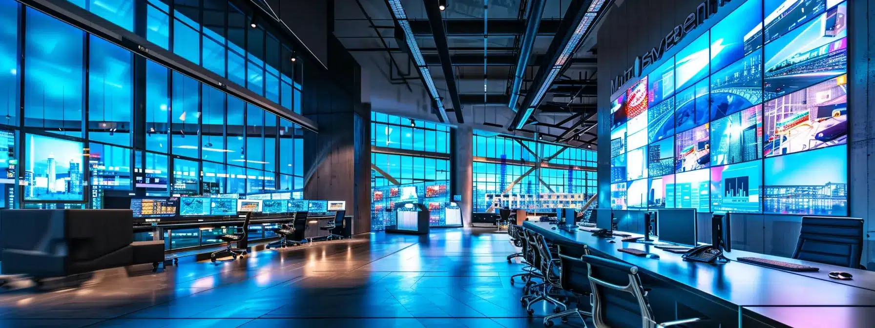 a sleek, modern office space filled with vibrant digital screens displaying innovative technology concepts, illuminated by dynamic led lighting that enhances the futuristic atmosphere.