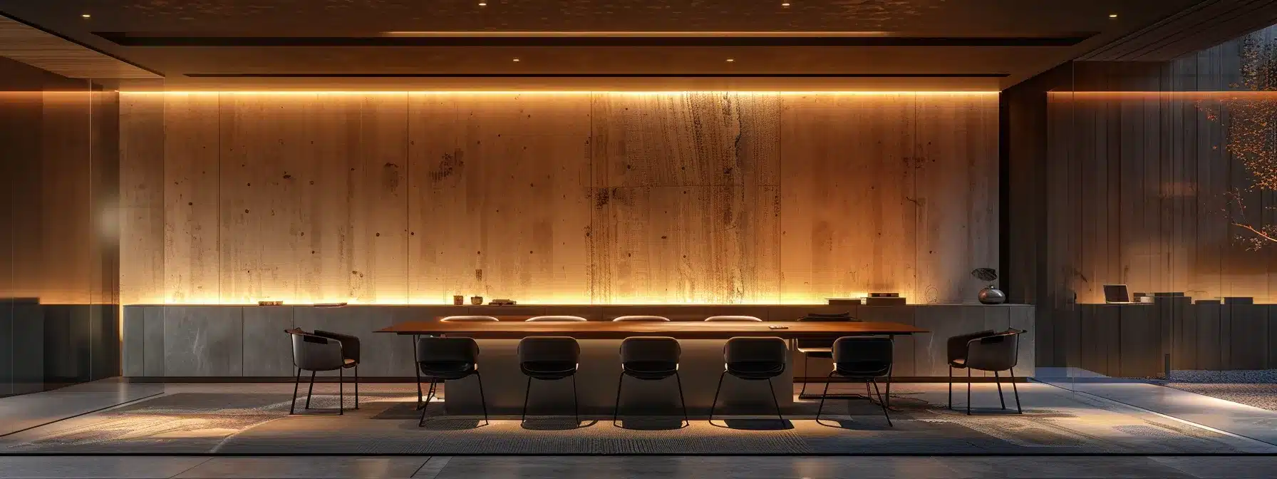 a sleek, modern office space illuminated by dynamic, ambient lighting showcases an elegantly designed conference table surrounded by high-backed chairs, emphasizing a sense of collaboration and innovation.