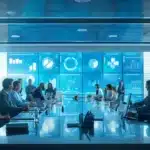 a sleek, modern office environment features a vibrant, high-tech conference room with a large digital display showcasing innovative business strategies, illuminated by dynamic, colorful ambient lighting that evokes a sense of collaboration and forward-thinking.