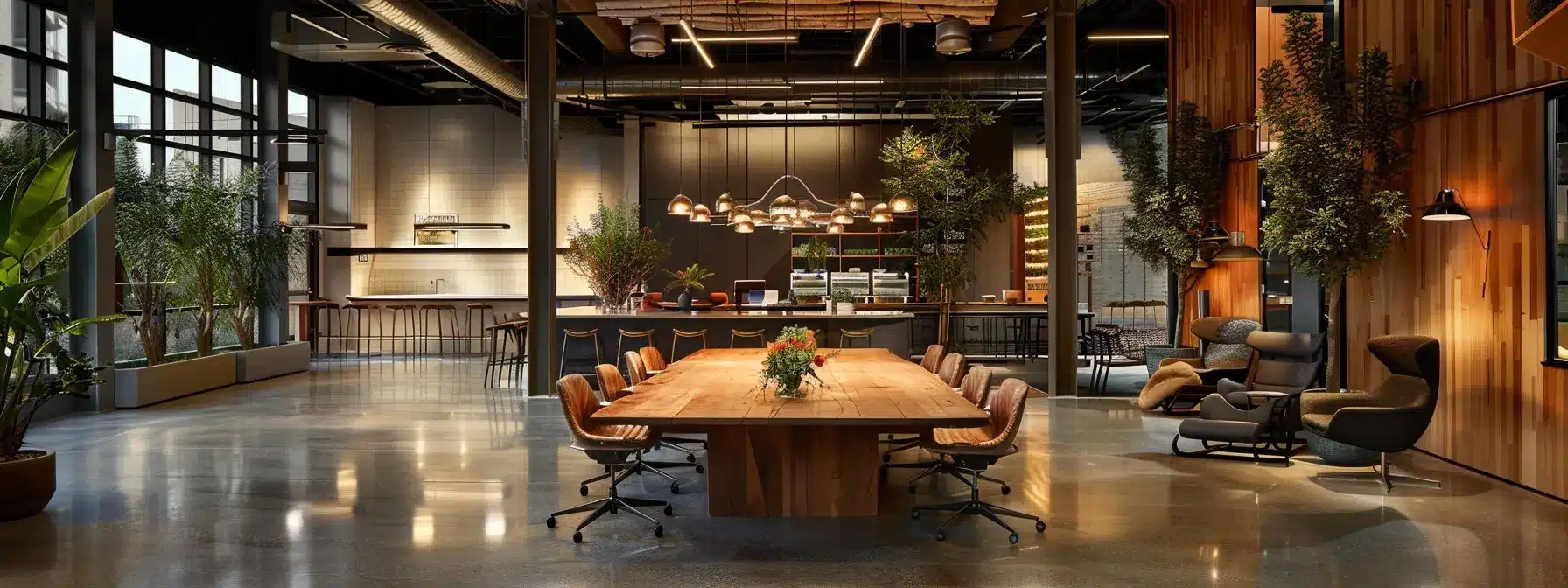 a sleek, modern office space features a polished wooden conference table surrounded by ergonomic chairs, illuminated by dynamic overhead lighting that casts a professional ambiance, reflecting a culture of innovation and collaboration.