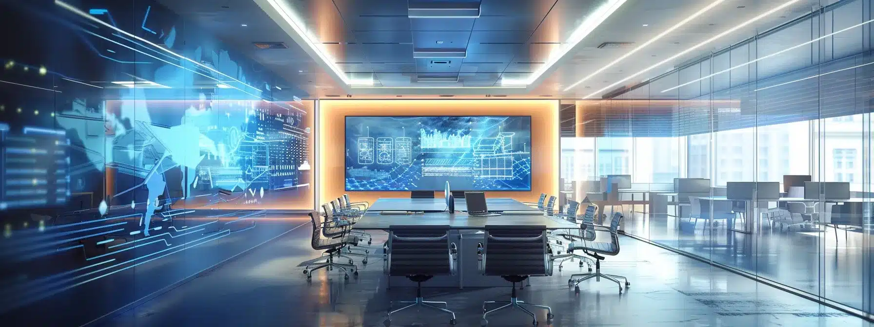 a sleek, modern office space showcases a futuristic conference room with a prominent digital display, reflecting the essence of collaborative technology and innovation.