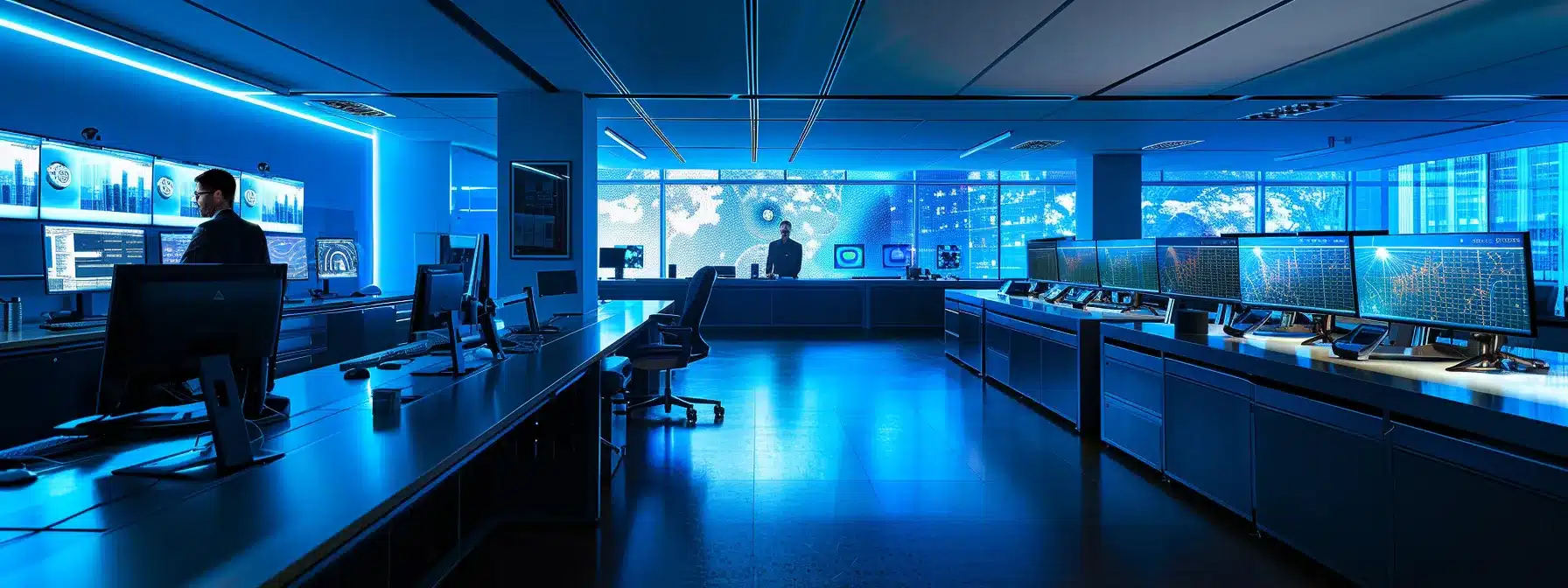 a sleek, modern office space filled with sophisticated technology, where a focused professional engages with vivid holographic displays, illuminated by cool, ambient lighting that enhances the futuristic atmosphere.