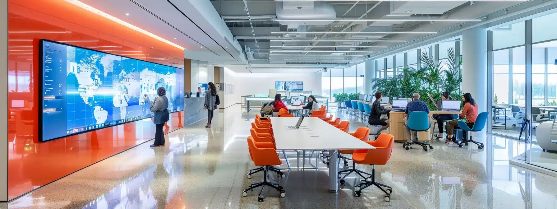 a sleek, modern office space filled with vibrant colors and high-tech equipment, showcasing a diverse team engaged in a dynamic brainstorming session around a large interactive touchscreen table.