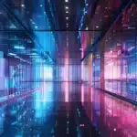 a sleek, modern office space with bright, ambient lighting showcases a large, high-tech touchscreen display, emphasizing innovation and collaboration in a dynamic business environment.