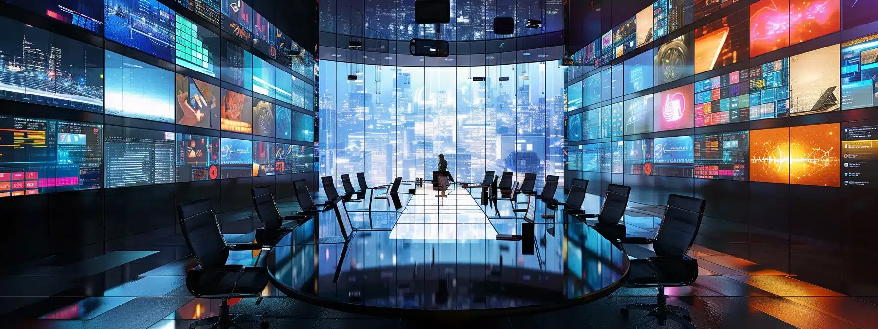 a sleek, modern office space is adorned with vibrant digital displays, showcasing a diverse team collaboratively brainstorming innovative ideas while seated around a glass conference table under bright overhead lighting.