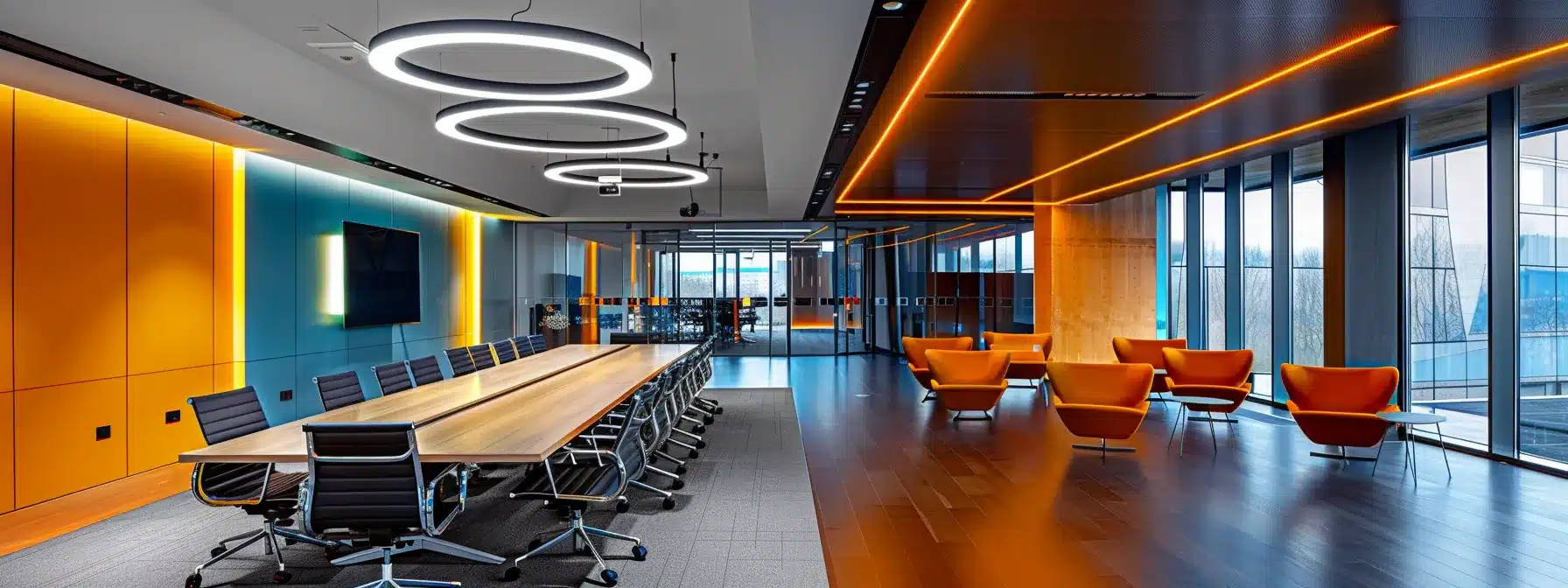 a sleek, modern office space illuminated by dramatic overhead lighting showcases a central conference table surrounded by vibrant, high-backed chairs, embodying a dynamic atmosphere of collaboration and creativity.