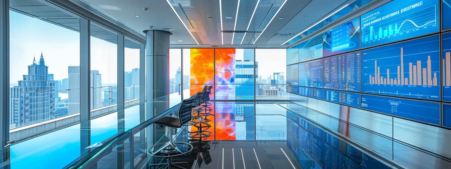 a sleek, modern office space featuring a large glass desk adorned with high-tech gadgets, vibrant colored charts displayed on digital screens, and an expansive city skyline visible through the floor-to-ceiling windows, capturing an innovative and dynamic work environment.