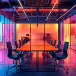 a sleek, modern office space bathed in artificial lighting showcases an imposing, minimalist conference table surrounded by high-backed chairs, emphasizing a dynamic environment for strategic discussions and innovative brainstorming.