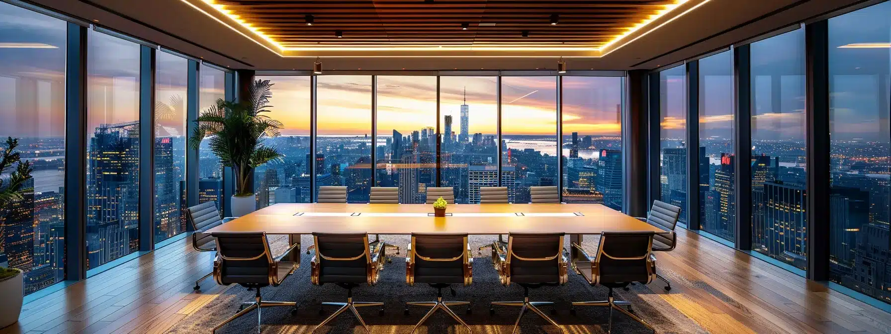 a sleek, modern office space features a large conference table surrounded by high-backed chairs, with an expansive city skyline view visible through floor-to-ceiling windows, illuminated by the glow of overhead lighting.