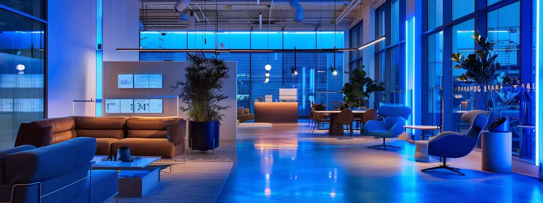 a sleek, modern office space features a vibrant digital dashboard displaying real-time data analytics, illuminated by cool blue led lights that enhance the high-tech atmosphere.