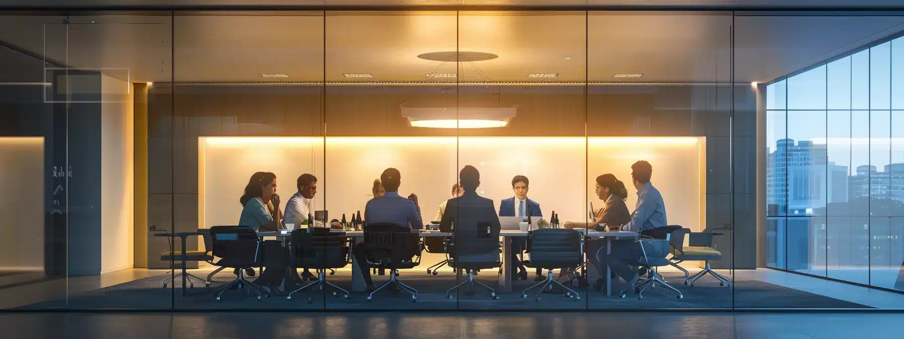 a sleek, modern office space showcases a group of focused professionals engaged in a dynamic brainstorming session around a large glass table, illuminated by bright overhead lights and surrounded by minimalist decor.