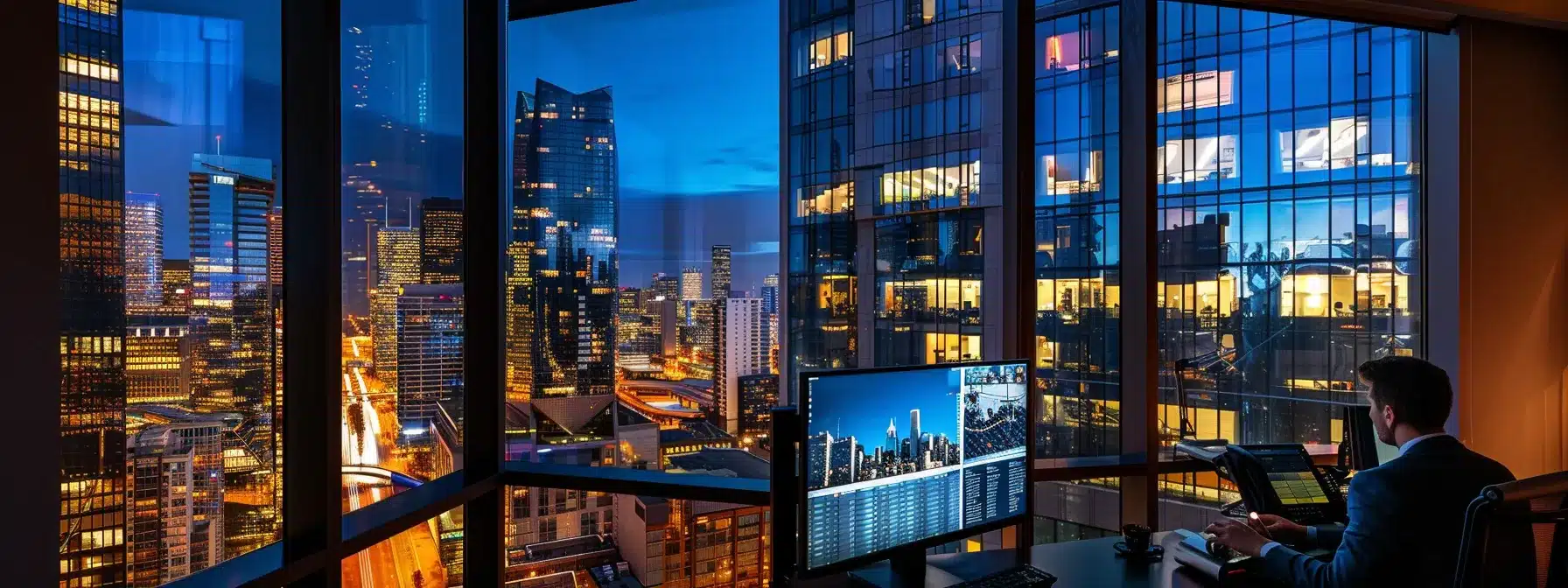 a sleek, modern office with floor-to-ceiling windows showcasing a bustling urban skyline serves as the backdrop for a focused professional engaged in a video conference, illuminated by soft, even lighting that emphasizes the high-tech atmosphere.