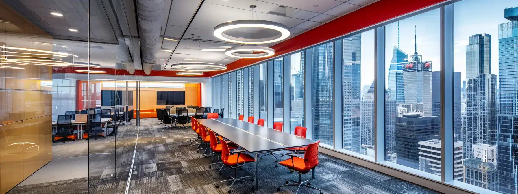 a sleek, modern office workspace features a panoramic cityscape view through large glass windows, illuminated by dynamic led lighting that reflects the energy of innovation and collaboration.