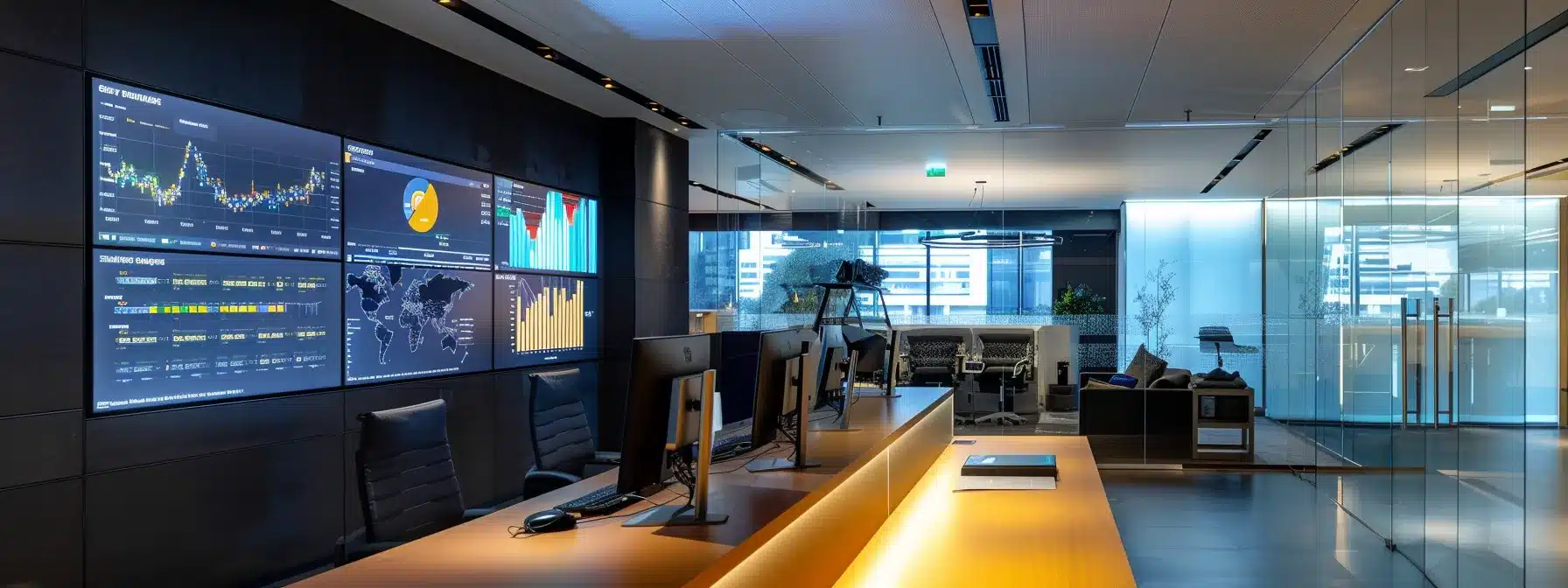 a sleek, modern office workspace is illuminated by vibrant, overhead lighting, showcasing a prominently displayed digital dashboard brimming with dynamic data and analytics.